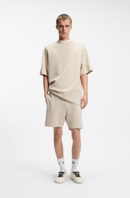 Cotton-jersey T-shirt with blue logo patch, Light Beige