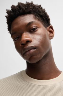 Cotton-jersey T-shirt with blue logo patch, Light Beige