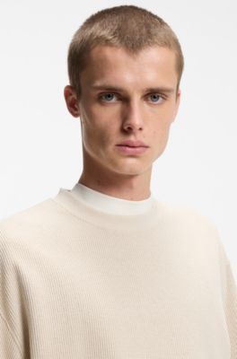 Cotton-jersey T-shirt with blue logo patch, Light Beige