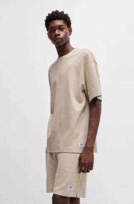 Cotton-jersey T-shirt with blue logo patch, Light Beige