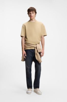 T-Shirt aus Baumwoll-Jersey mit blauem Logo-Aufn&auml;her, Beige