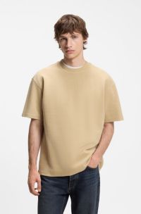 Cotton-jersey T-shirt with blue logo patch, Beige