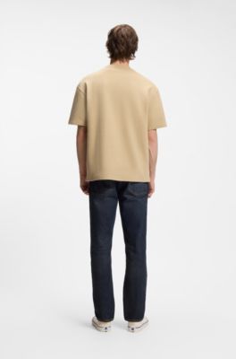 Cotton-jersey T-shirt with blue logo patch, Beige