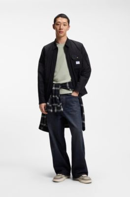 T-shirt van katoenen jersey met blauwe logopatch, Kalk