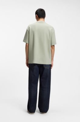 T-shirt van katoenen jersey met blauwe logopatch, Kalk