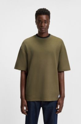 Cotton-jersey T-shirt with blue logo patch, Olive