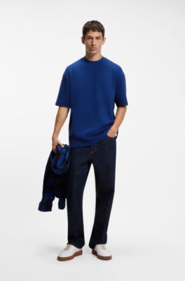 T-shirt in jersey di cotone con toppa con logo blu, Blu scuro