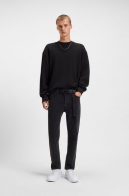 Cotton-blend T-shirt with waffle structure, Black