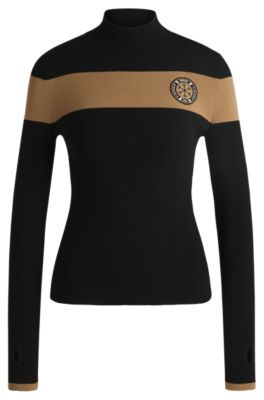 BOSS Ski stretch-knit sweater with camel stripes, Black