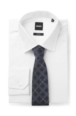 Silk-blend tie with Double B monogram jacquard, Dark Blue