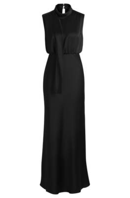 Hugo Tie-neck Maxi Dress In Satin In Gray