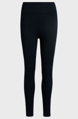 Active knitted leggings in stretch ribbed jersey with monogram pattern, Dark Blue