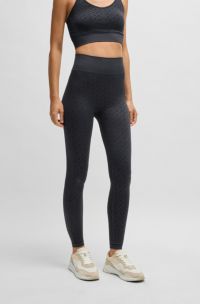 Leggings dinamici in maglia di jersey elasticizzato a coste con motivo con monogrammi, Blu scuro