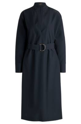 Hugo Boss Belted Dress In Virgin Wool With V Neckline In Blue