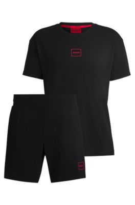 Stretch-cotton pyjamas with logo prints, Black