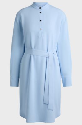 Belted dress with snap placket, Light Blue