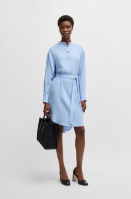 Belted dress with snap placket, Light Blue