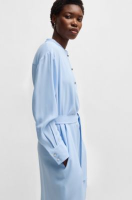 Belted dress with snap placket, Light Blue