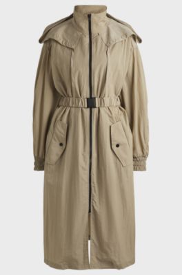 Long-length belted parka jacket in seersucker fabric, Beige