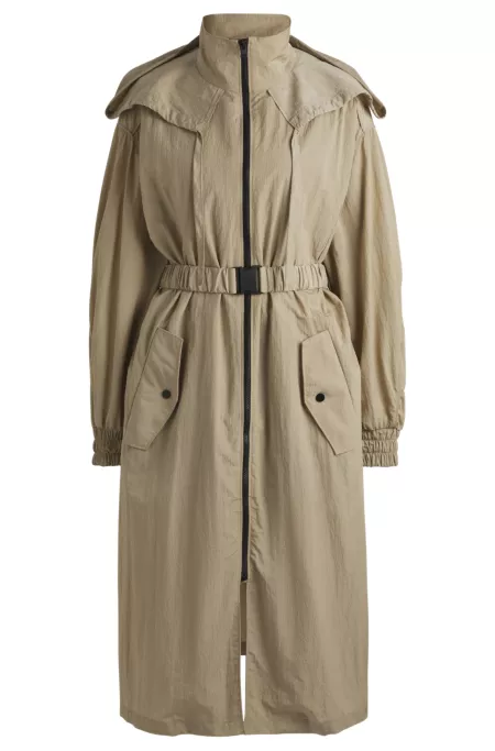 Long-length belted parka jacket in seersucker fabric