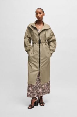 Long-length belted parka jacket in seersucker fabric, Beige