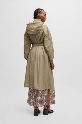 Long-length belted parka jacket in seersucker fabric, Beige