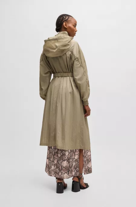 Long-length belted parka jacket in seersucker fabric