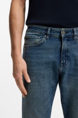 Tapered-fit jeans in washed-blue stretch denim, Blue