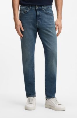 Tapered-fit jeans in washed-blue stretch denim, Blue