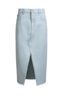 프레이 밑단 블루 데님 미디 스커트, 라이트 블루