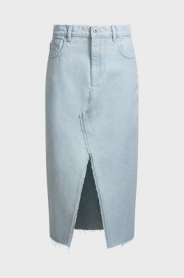 Midi skirt in blue denim with frayed hem, Light Blue