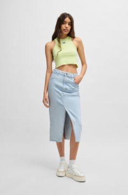 Midi skirt in blue denim with frayed hem, Light Blue