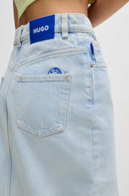 Midi skirt in blue denim with frayed hem, Light Blue