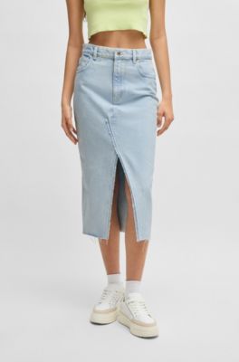Midi skirt in blue denim with frayed hem, Light Blue