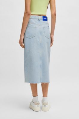 Midi skirt in blue denim with frayed hem, Light Blue