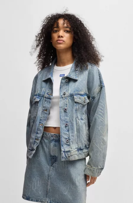 Boxy-fit jacket in logo-print rigid denim
