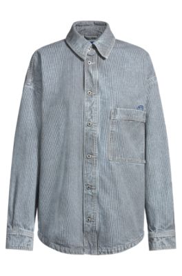 Sovracamicia in denim rigido a righe con bottoni, Blu