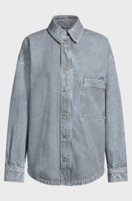 Striped button-up overshirt in rigid denim, Blue