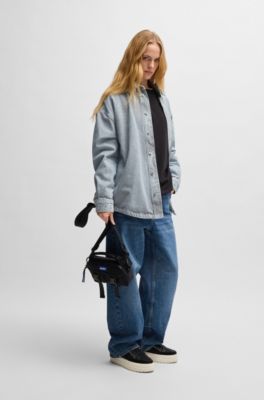 Sovracamicia in denim rigido a righe con bottoni, Blu