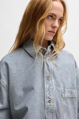 Sovracamicia in denim rigido a righe con bottoni, Blu