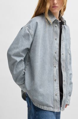 Sovracamicia in denim rigido a righe con bottoni, Blu