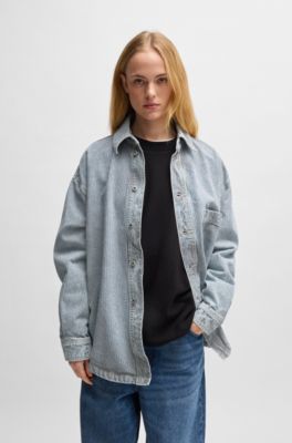Sovracamicia in denim rigido a righe con bottoni, Blu