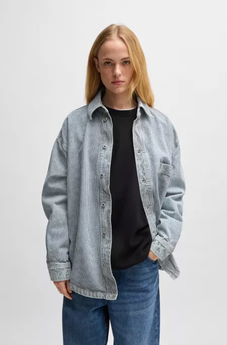 Striped button-up overshirt in rigid denim