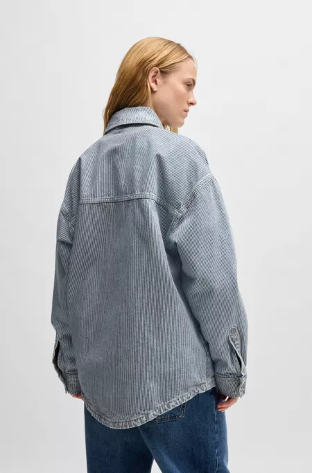 Striped button-up overshirt in rigid denim
