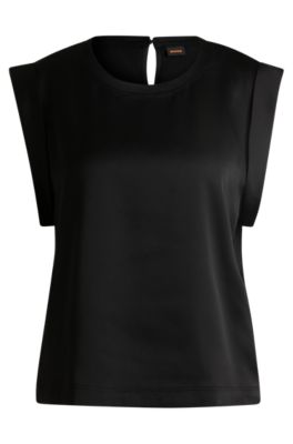 Sleeveless T-shirt in hammered satin, Black