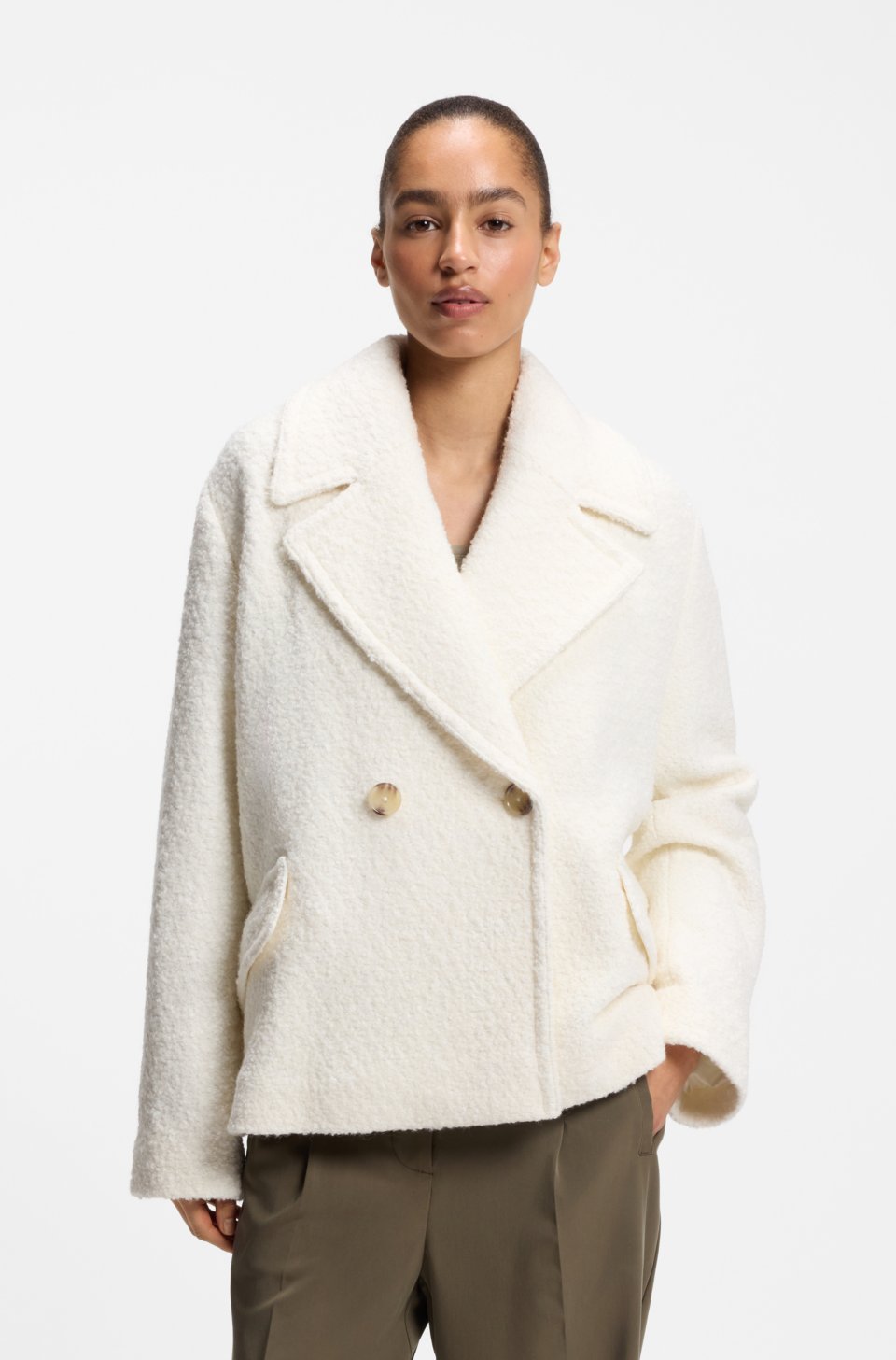 Loose-fit bouclé coat with double-breasted closure