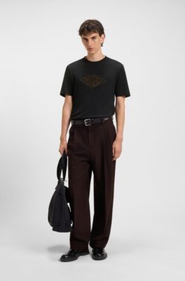 Cotton-jersey T-shirt with geometric logo embroidery, Black