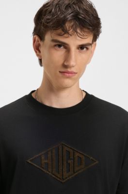 Cotton-jersey T-shirt with geometric logo embroidery, Black