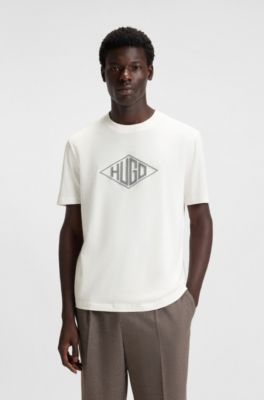 Cotton-jersey T-shirt with geometric logo embroidery, White