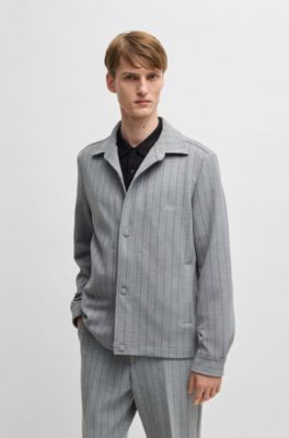 Relaxed-fit overshirt with stripe and script logo, Grey Patterned